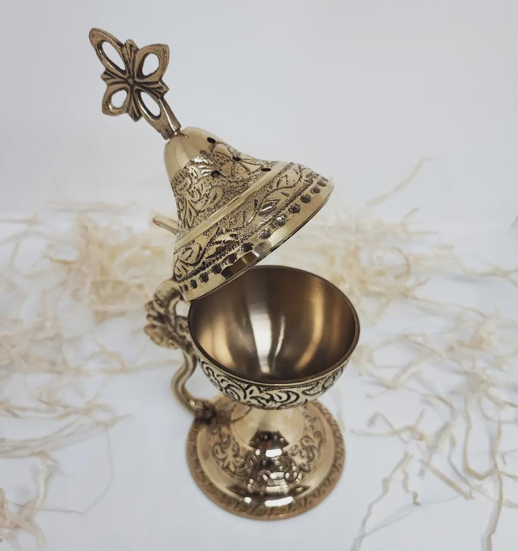 Orthodox Prayer Set: 5.5 in × 3.1 inch gold metal censer, 50 grams of incense, 6 charcoal tablets.