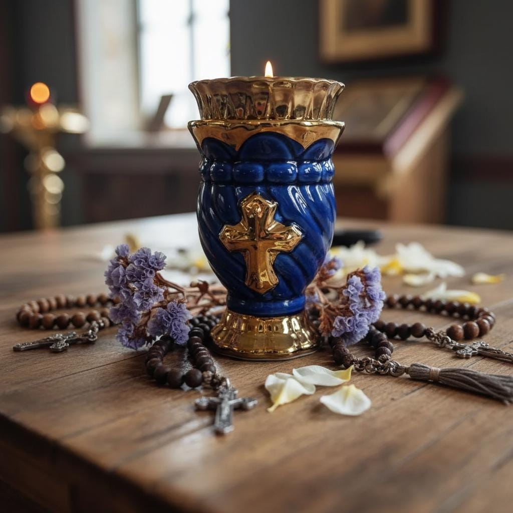 Blue Glass & Metal Table Lamp 2.56×4.53 in, Orthodox Lamp, Icon Lamp, Oil Lamp, Prayer Light, Religious Decor