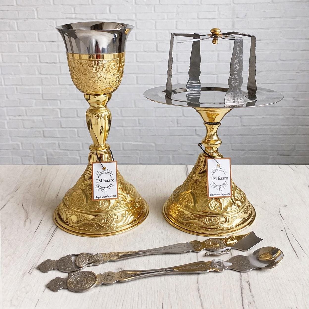 Brass Silumin Eucharist Set 300ml Chalice Diskos Set, Orthodox Communion Set, Spoon Spear Set