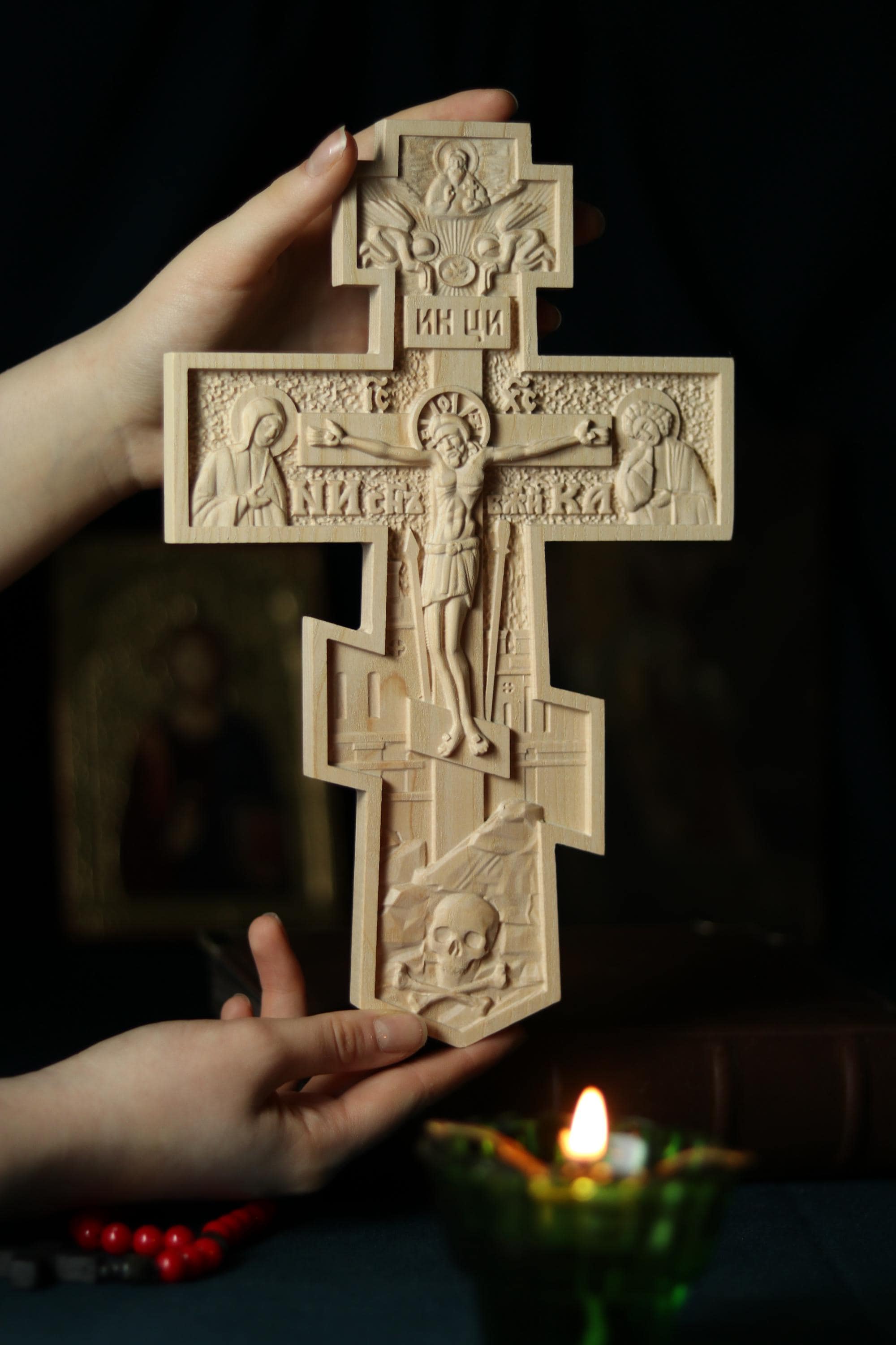 12in Beech Wood Orthodox Cross, Church Cross, Wooden Crucifix.