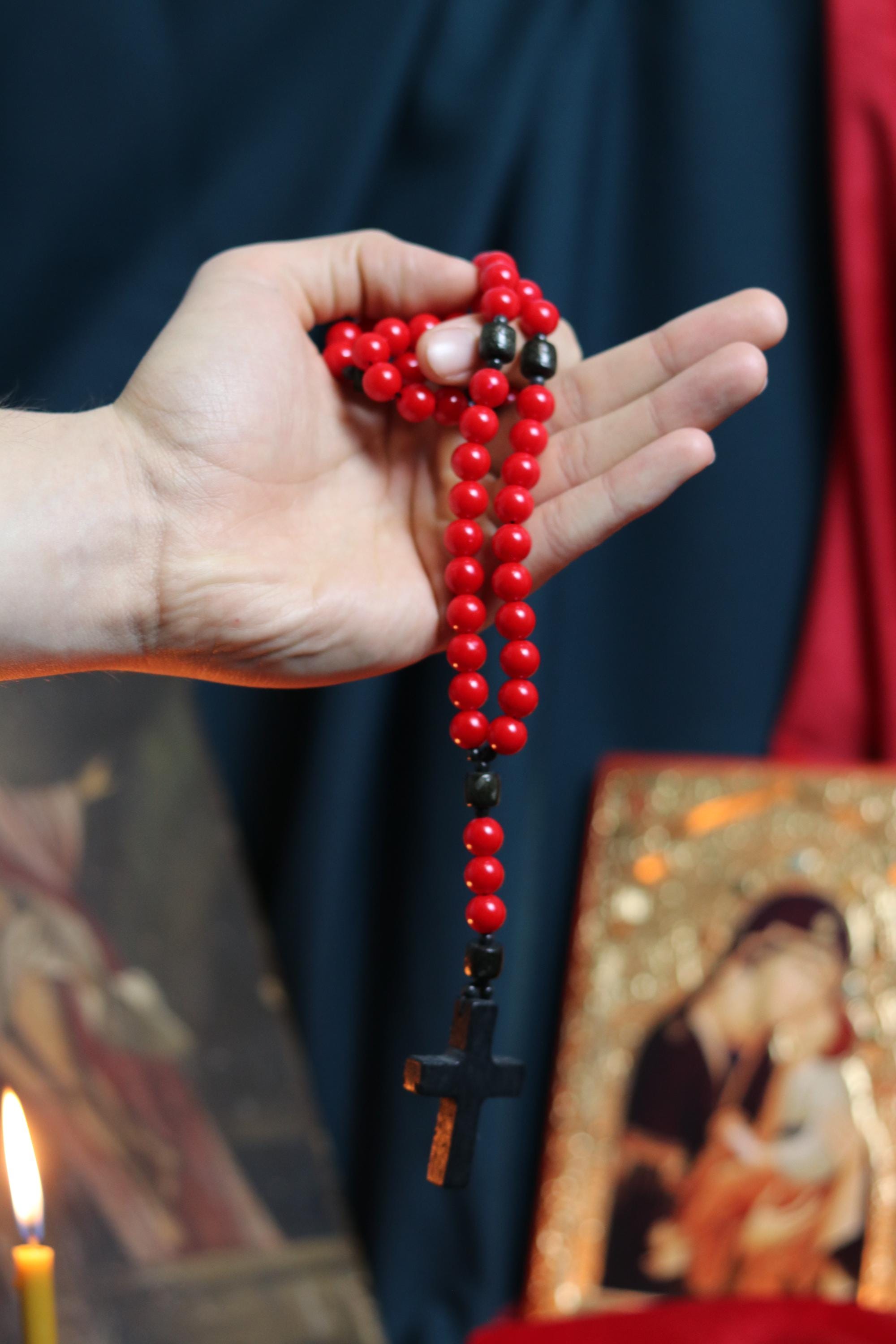 Orthodox Wooden Prayer Beads with Tassel – Handmade Black Wood Orthodox rosaries, Prayer beads, Orthodox prayer rope, Red komboskini