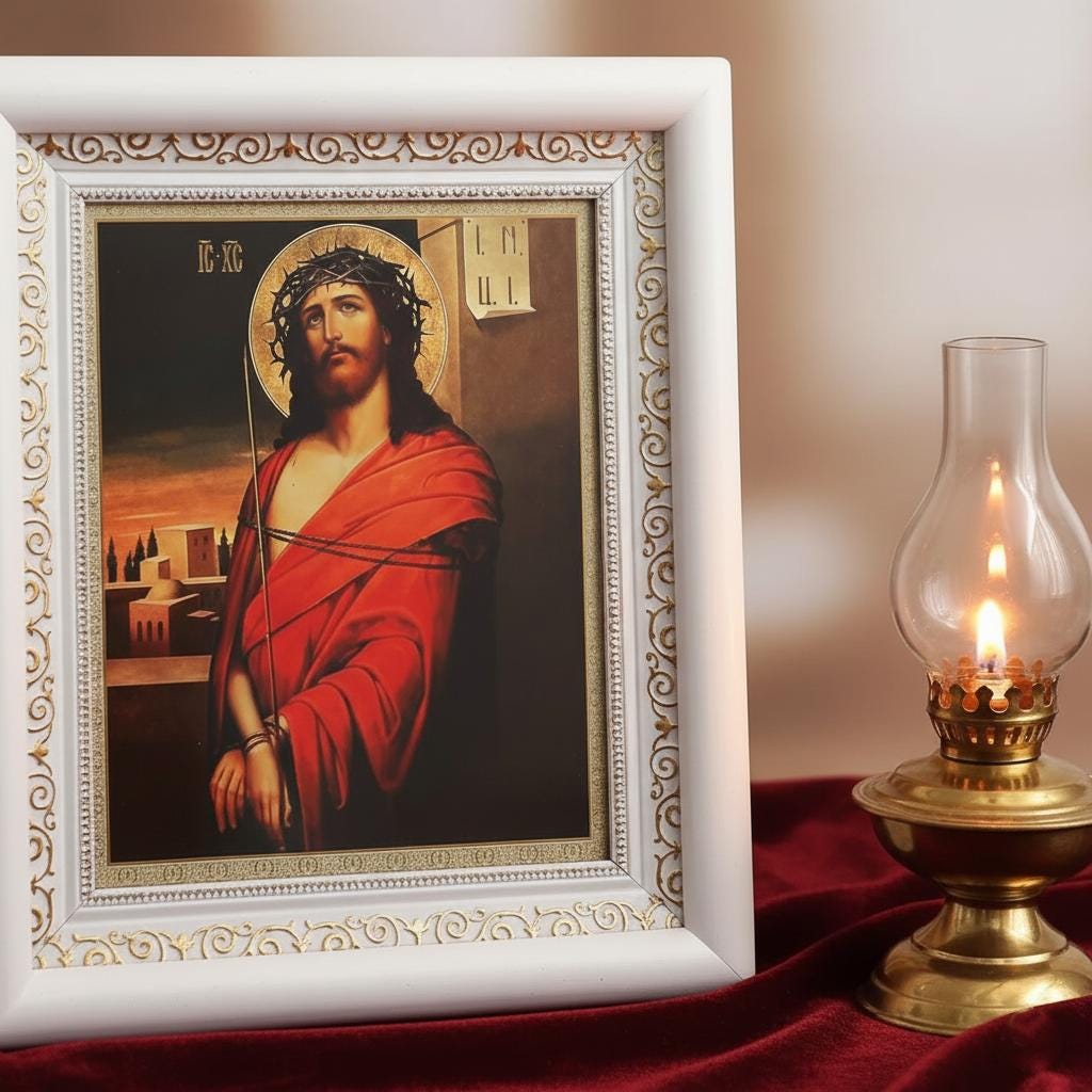 Orthodox Icon Jesus Christ 15x18 cm in White Wooden Kiot 21x24 cm, Hanging Icon, Orthodox Christian Gift, Icon in a Frame