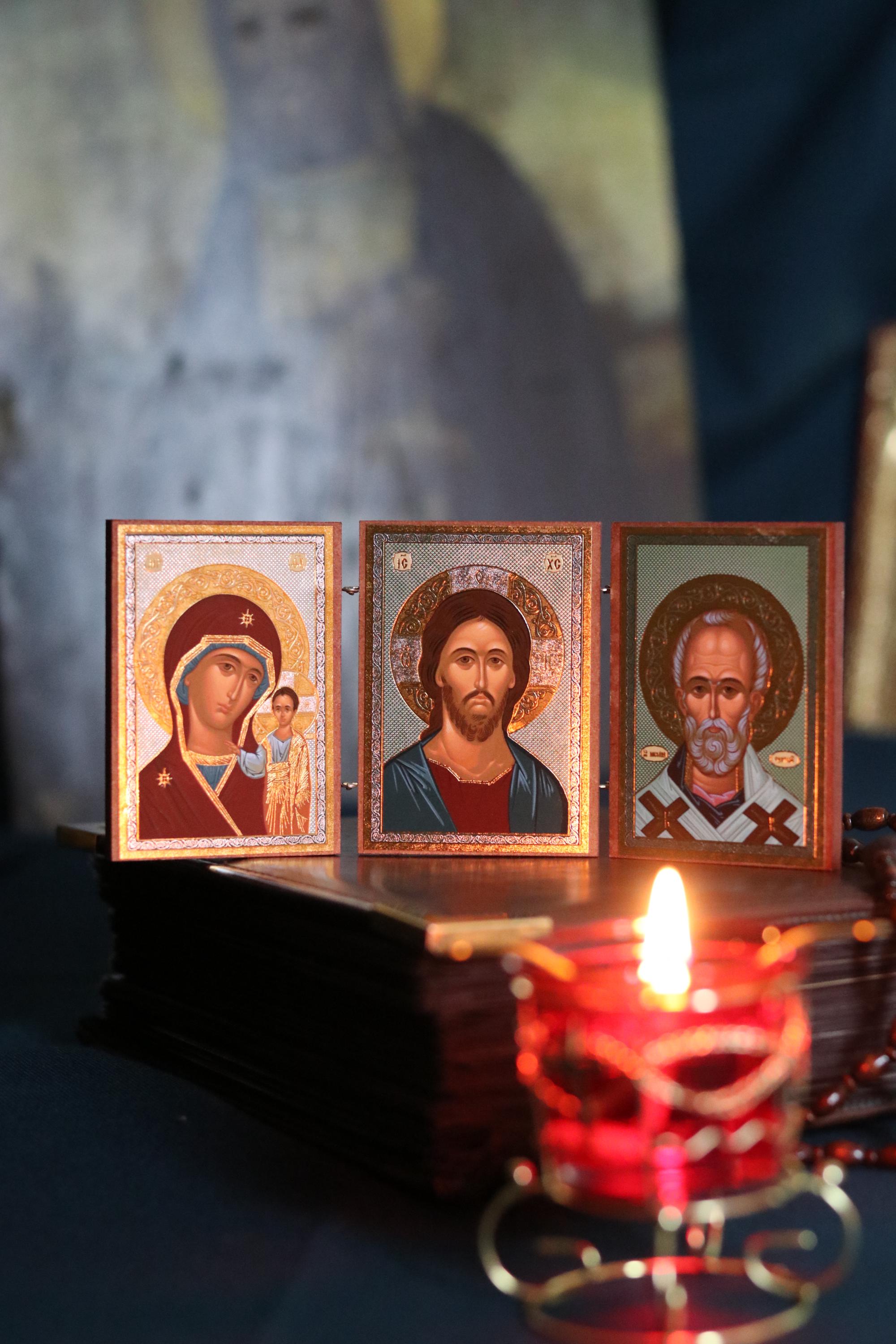 Wooden Orthodox Triptych Icon 3.5in, Virgin Mary Jesus And Saint Nicholas, Folding Travel Icon
