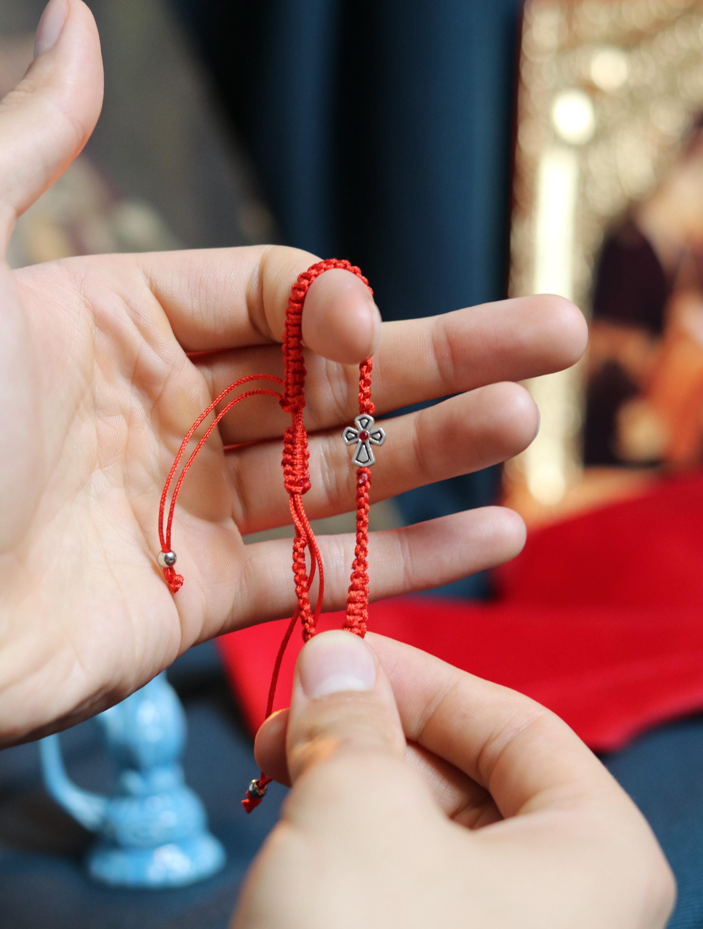 Red Cord Cross Bracelet – Adjustable Christian Bracelet with Silver-Tone Cross and Beads, Faith Jewelry Gift