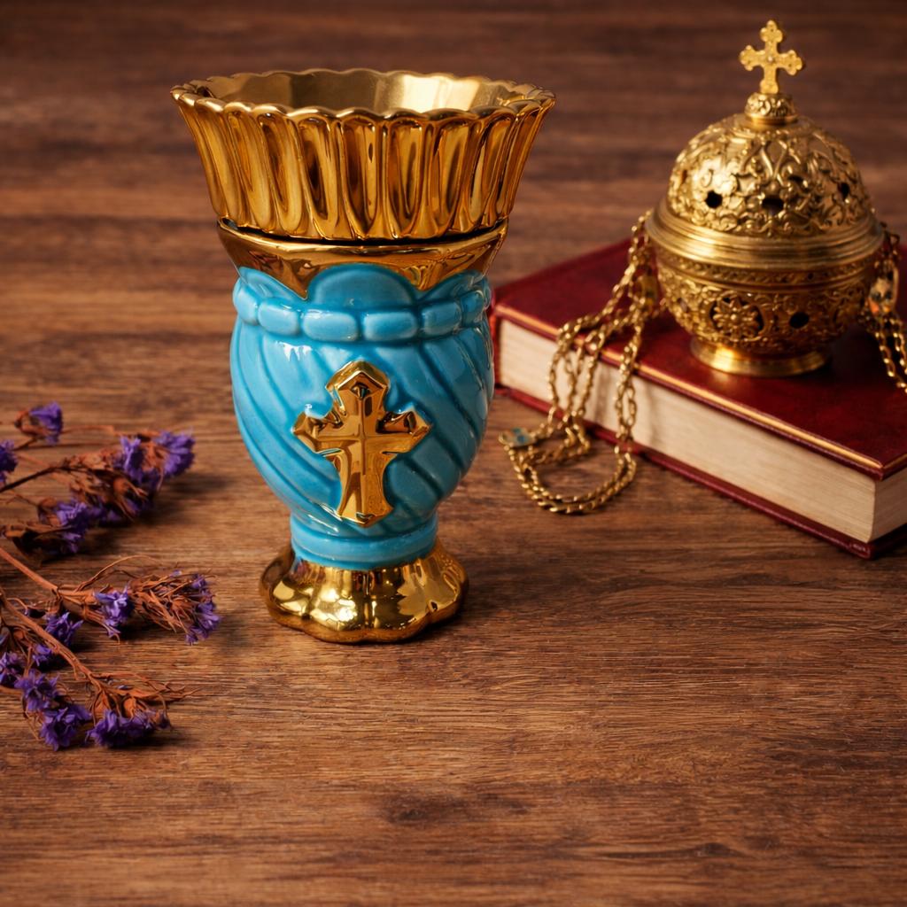 Orthodox Oil Lamp 5.1 inches, Ceramic Lampada with Cross, Christian Prayer Lamp