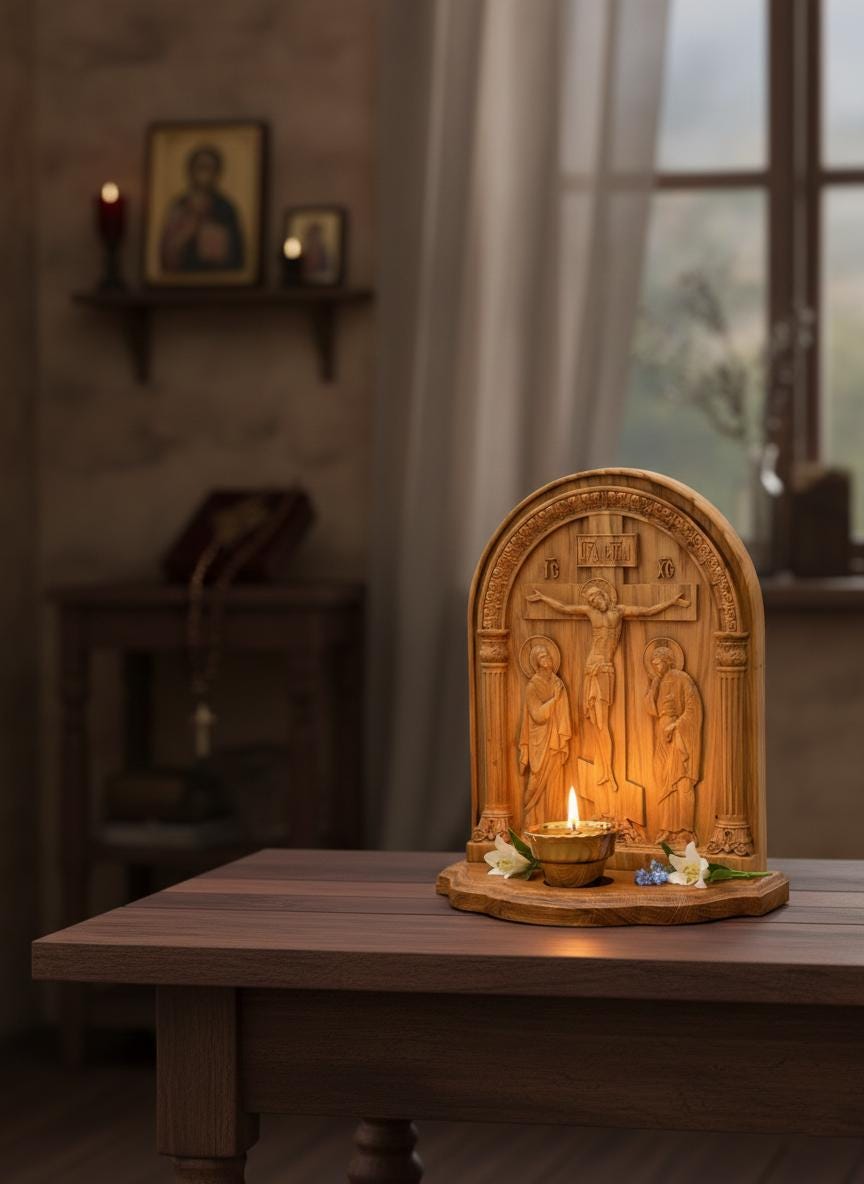 Wooden Golgotha 12 in, Carved Orthodox Icon With Lampada, Crucifixion Icon, Christian Home Decor