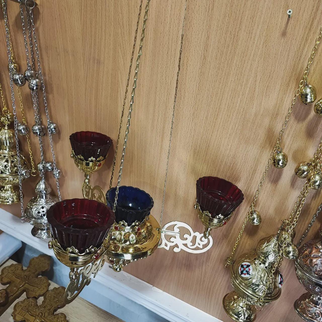 Brass Four-Light Hanging Lampada, Orthodox Chandelier, Greek Church Lamp
