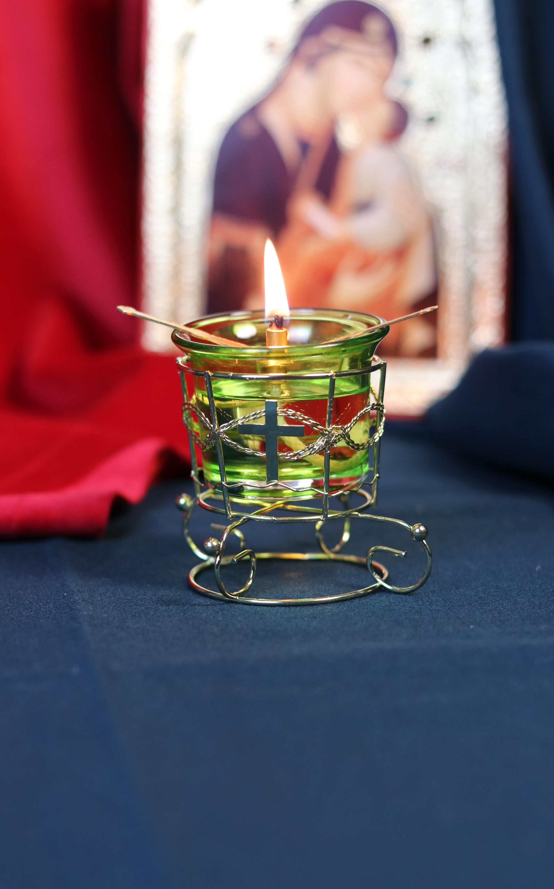 Green Glass Oil Lamp in Metal Stand 2in  – Orthodox Candle Holder for Prayer, Aromatherapy, Altar Decor, Christian Gift, Orthodox prayer