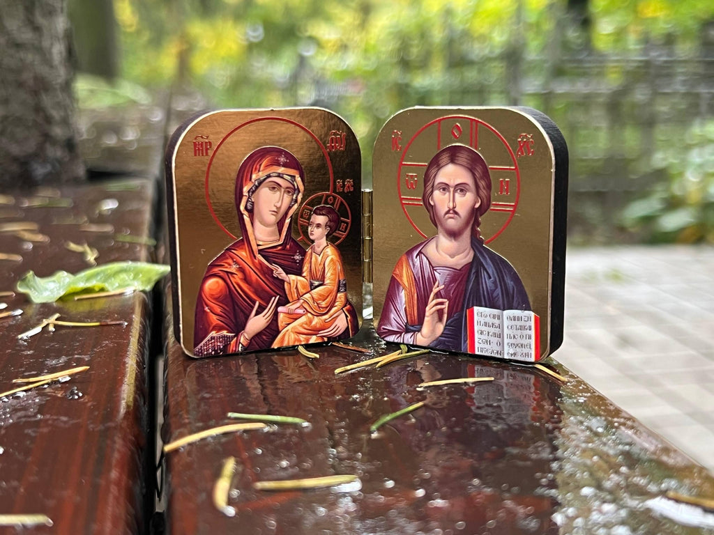 Christian incense set: brown ceramic censer, triptych icon, 50 grams of Greek incense, 6 pcs. of coal.