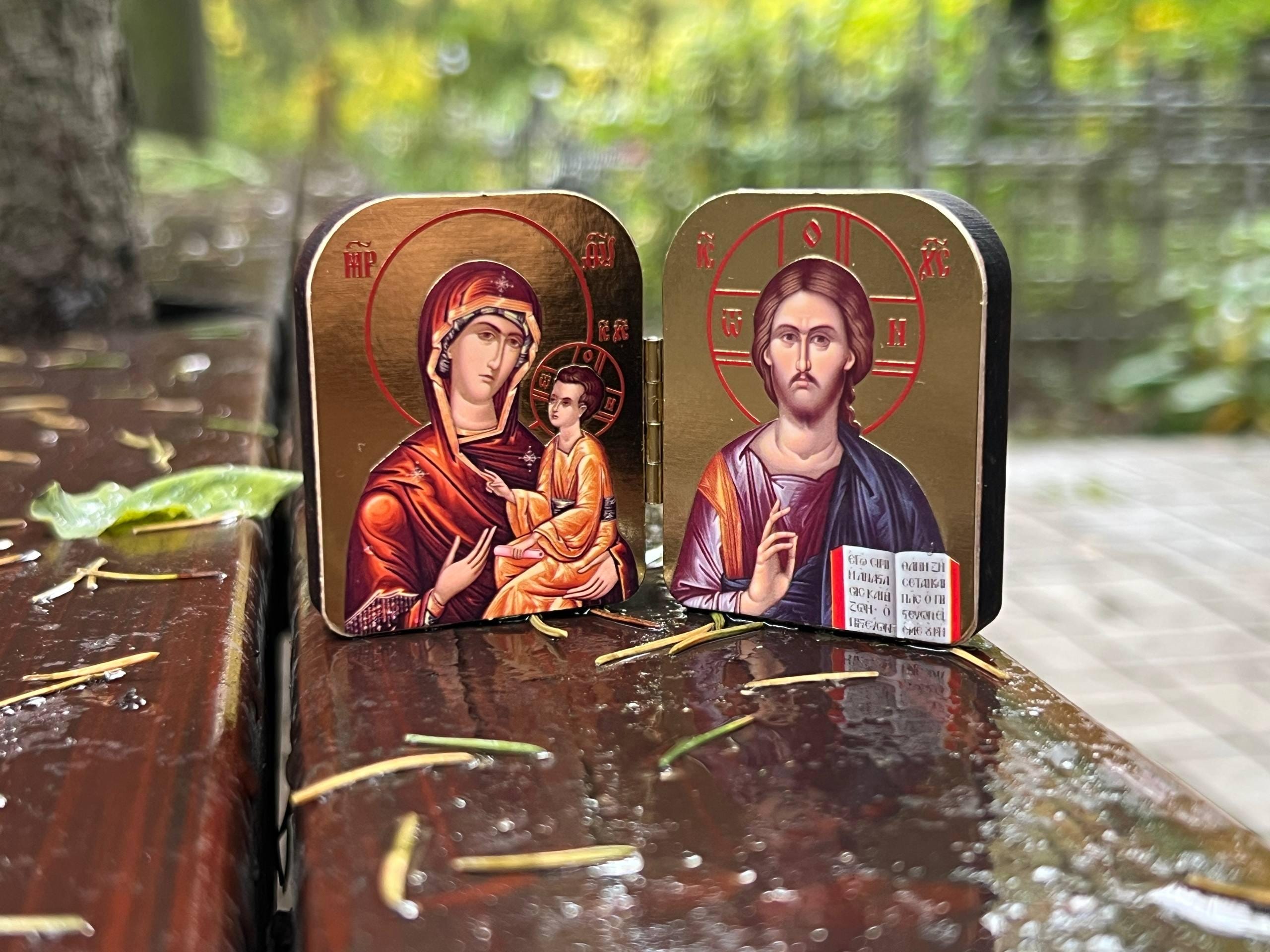 Christian incense set: brown ceramic censer, triptych icon, 50 grams of Greek incense, 6 pcs. of coal.