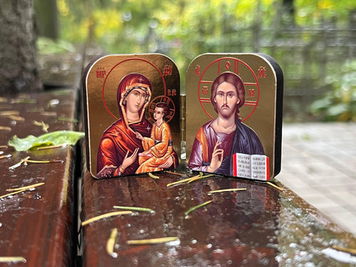 Christian incense set: brown ceramic censer, triptych icon, 50 grams of Greek incense, 6 pcs. of coal.