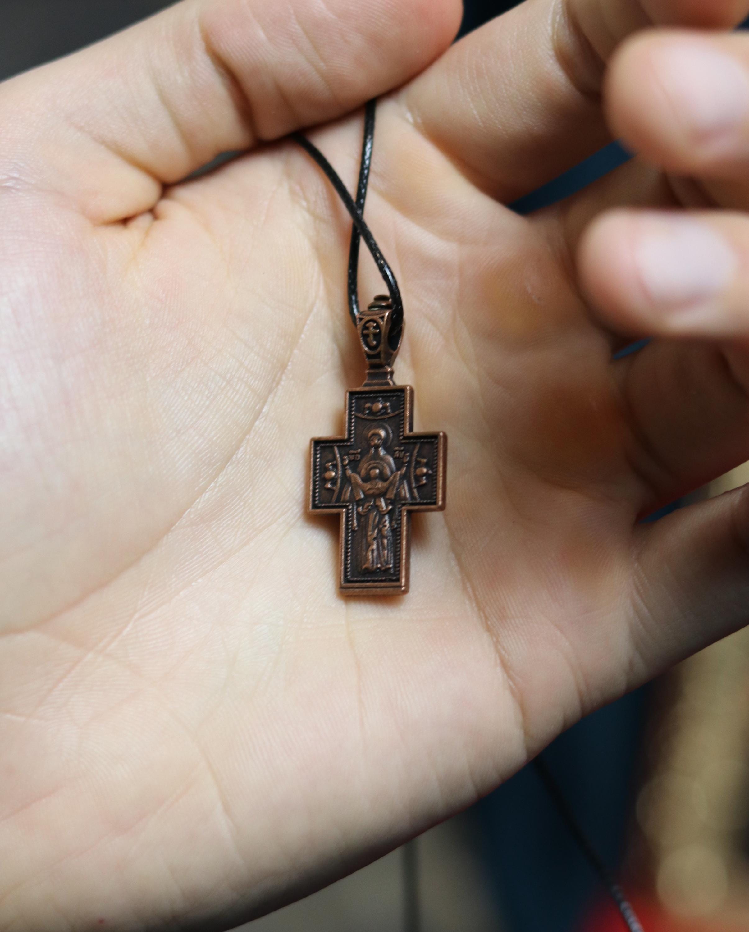 Orthodox Crucifix Necklace – Bronze Cross with Jesus – Back Virgin Mary “The Sign” – 0.7x1 in Pendant, Orthodox cross, Christian jewelry