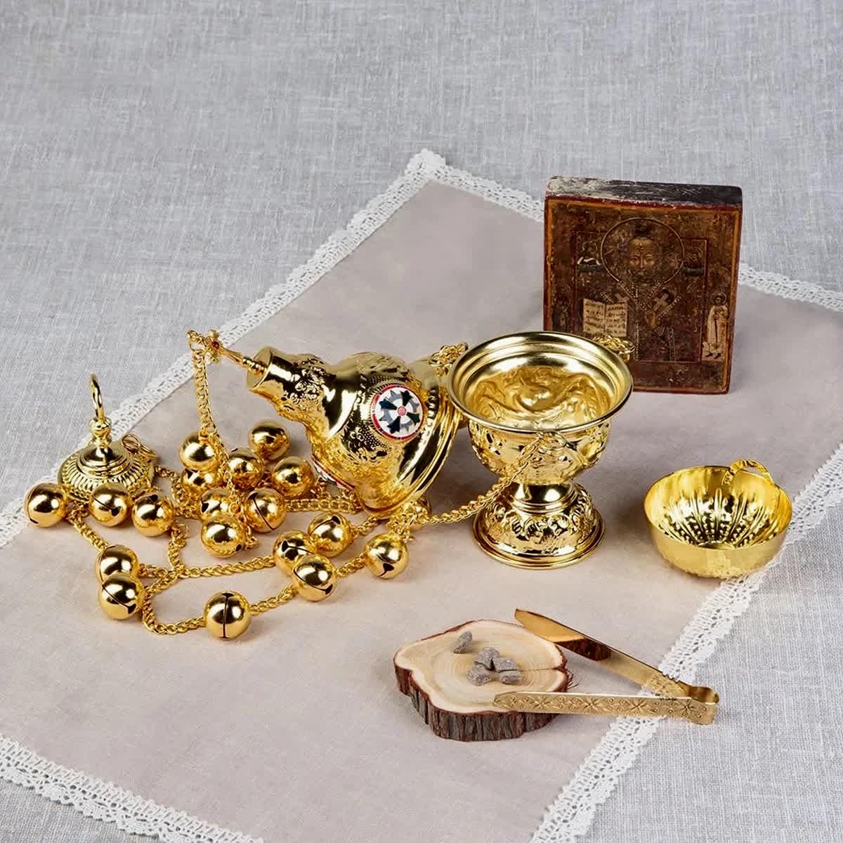 Gold Hanging Orthodox Censer 26in with 24 Bells | Brass Incense Burner | Designs with Cross or Saints (Jesus, Mary, Nicholas)