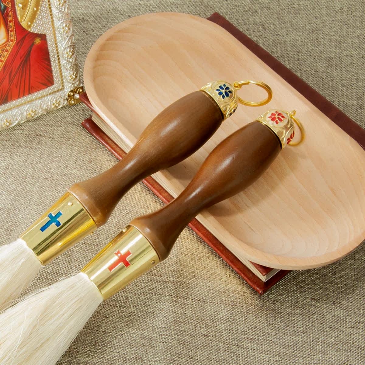 Orthodox Holy Water Brush 15.4" | Brass & Wood Aspergillum | Blue or Red Cross | Priest Blessing Brush | Liturgical Accessory
