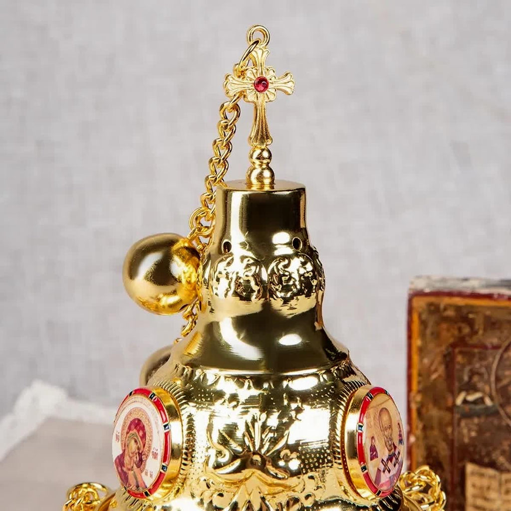 Gold Hanging Orthodox Censer 26in with 24 Bells | Brass Incense Burner | Designs with Cross or Saints (Jesus, Mary, Nicholas)