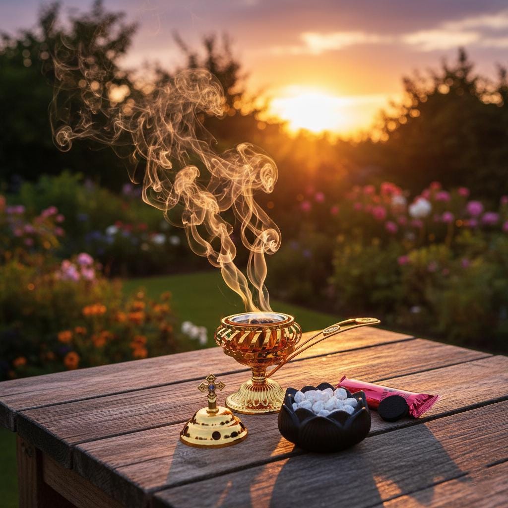 Orthodox Incense Burner Set: 5.5 inch Gold Metal Censer, 50g Frankincense, 6 Charcoal Tablets, Prayer Kit