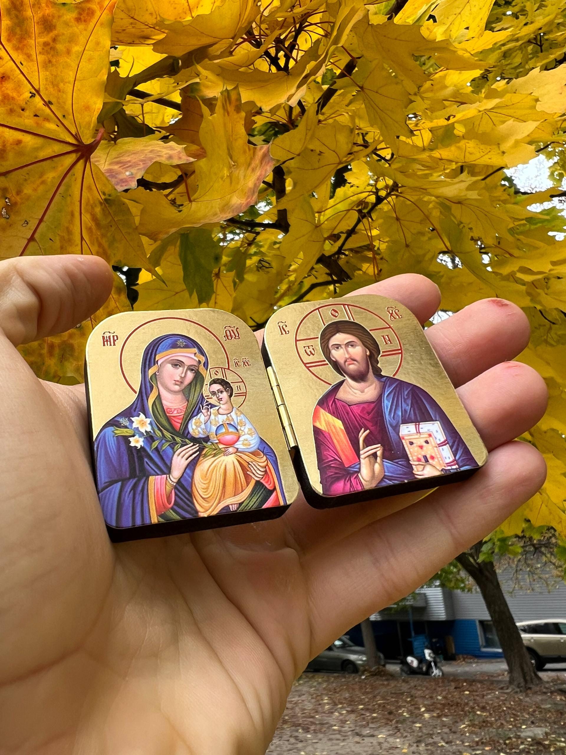 Wooden Orthodox Icon Diptych Virgin Mary Jesus Christ 1.8in Folding Icon