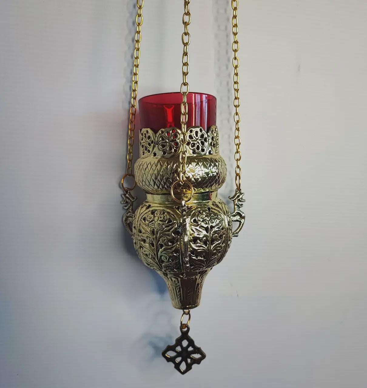 9.06 in Brass Hanging Lampada, Openwork Brass Hanging Oil Lamp, Greek Orthodox Lampada