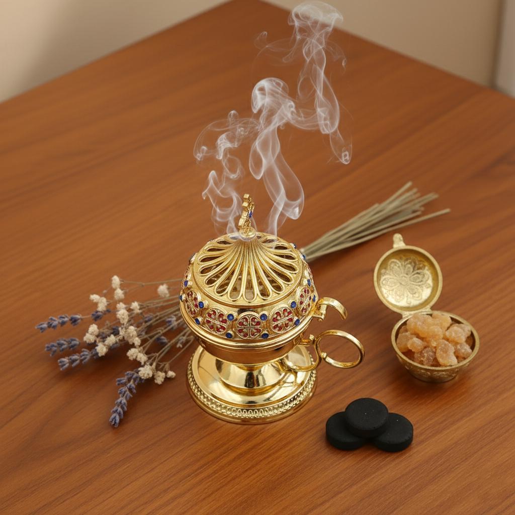 Christian incense set: censer, 50 grams of Greek incense and 6 tablets of charcoal.