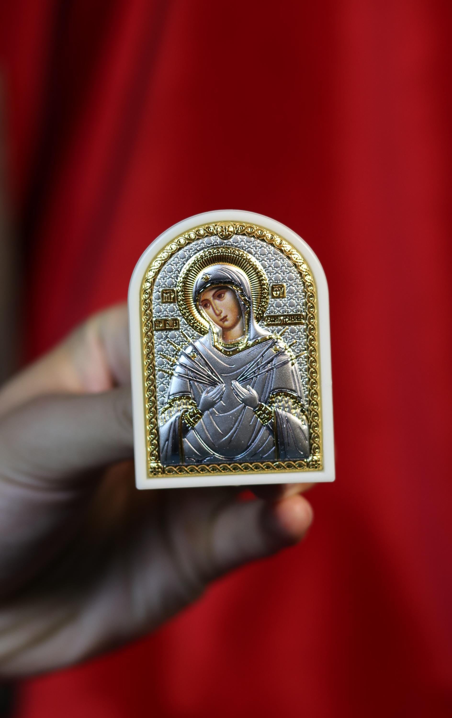 Mini Orthodox Icon of Virgin Mary "Softener of Evil Hearts" – 1.89 x 2.56 in – 925 Silver & Gold – Blessed Travel Icon – Handmade