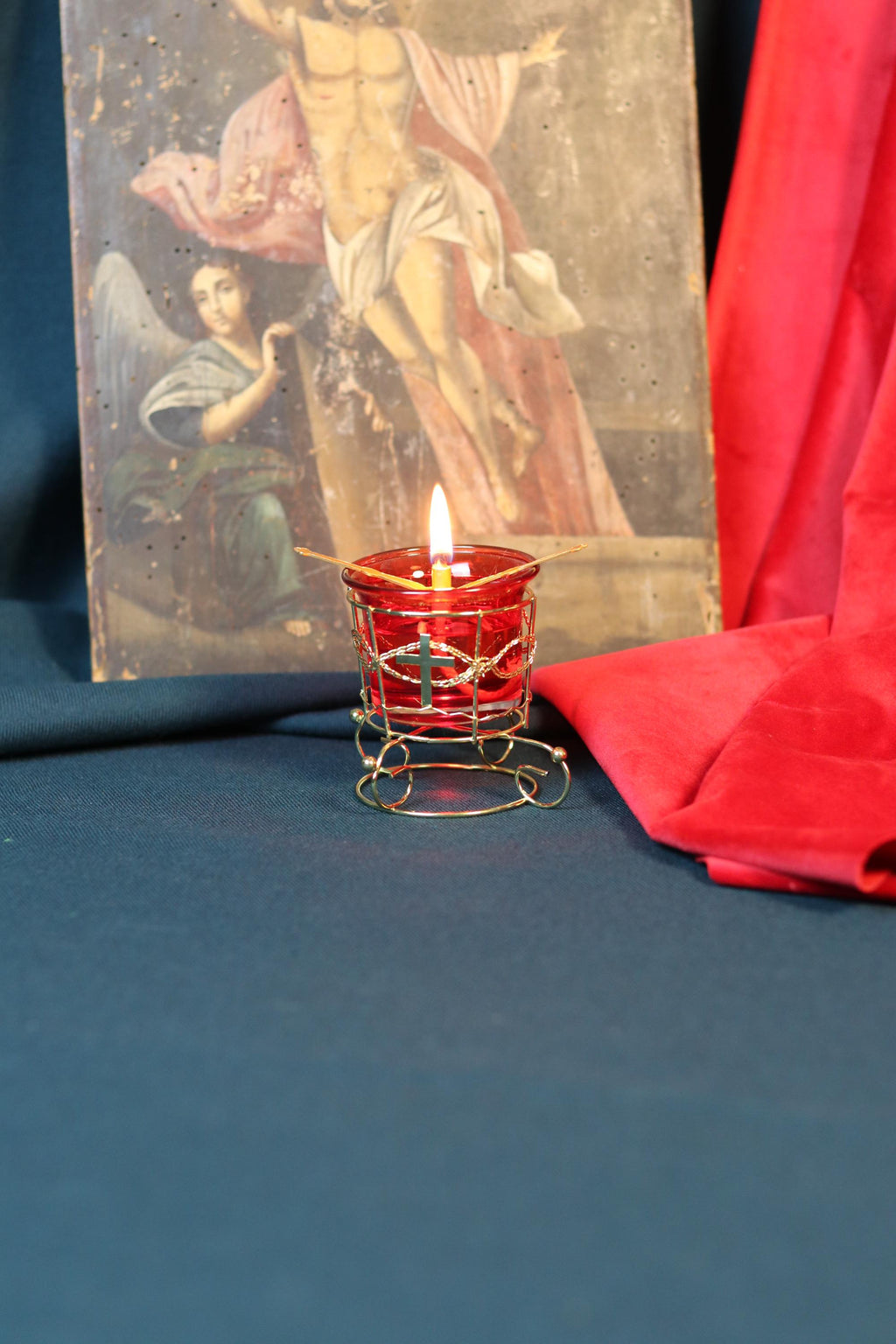 Red Glass Oil Lamp in Metal Stand 2in  – Orthodox Candle Holder for Prayer, Aromatherapy, Altar Decor, Christian Gift, Orthodox prayer