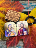 Travel prayer set: diptych icon of Jesus Christ and the Mother of God, 2x1.6 inches soutache finger rosary beads, 10 knots with a cross.