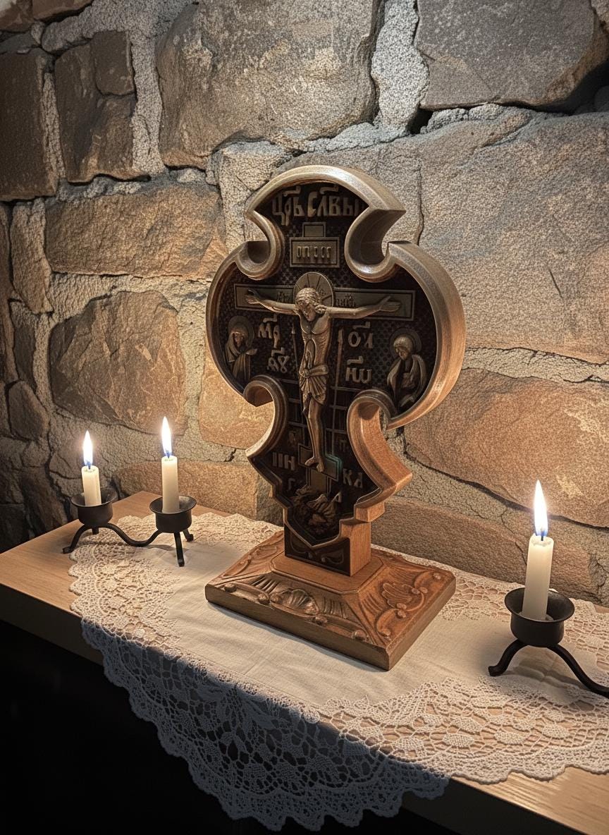 Wooden Orthodox Cross 9"x5.5", Beech Standing Crucifix.