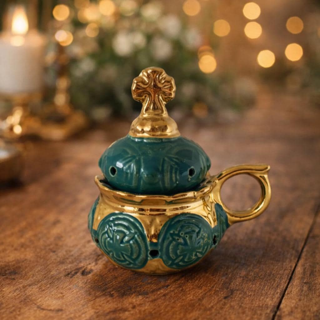 Green Ceramic Incense Burner 4.3 inches, Orthodox Censer, Christian Prayer Incense Holder