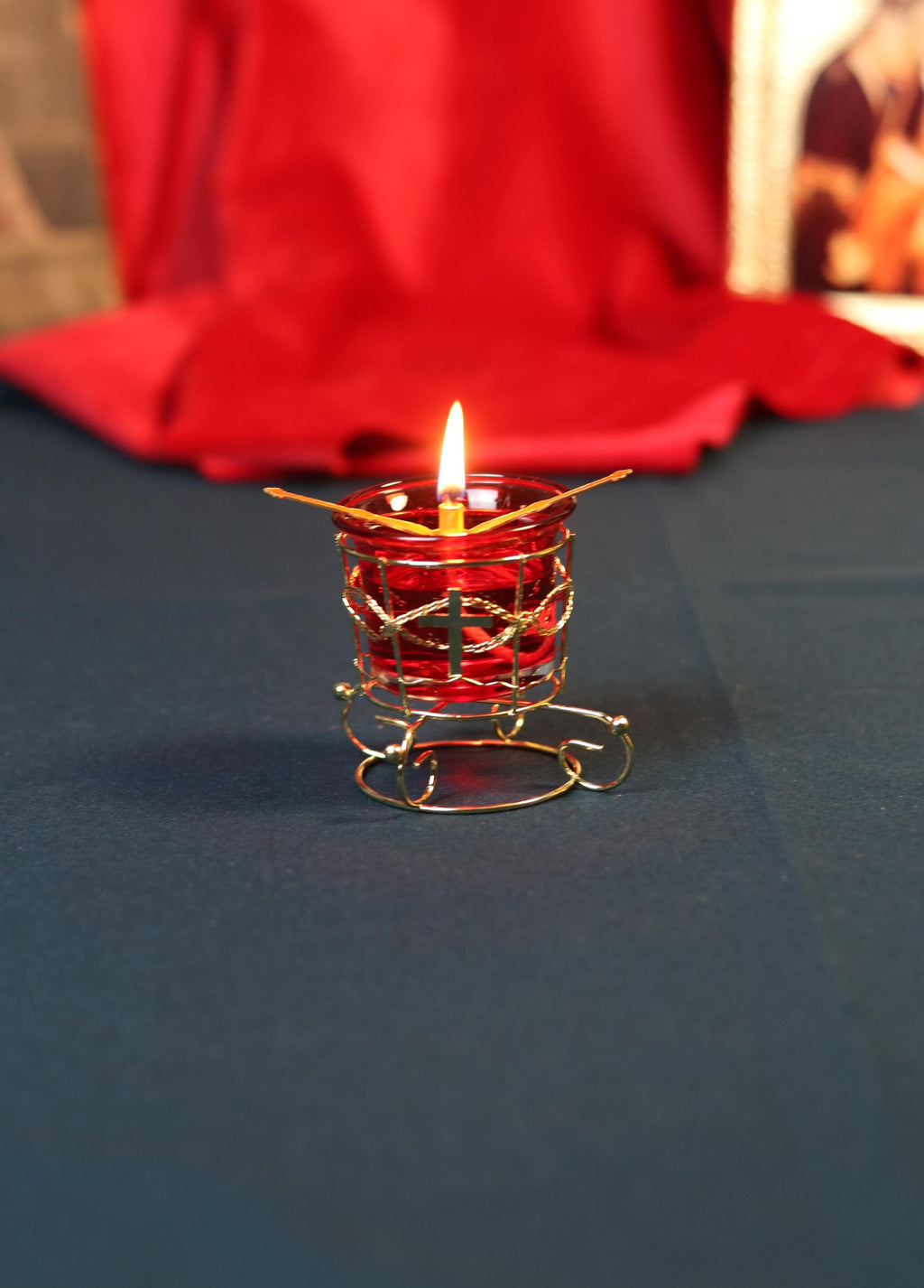Red Glass Oil Lamp in Metal Stand 2in  – Orthodox Candle Holder for Prayer, Aromatherapy, Altar Decor, Christian Gift, Orthodox prayer