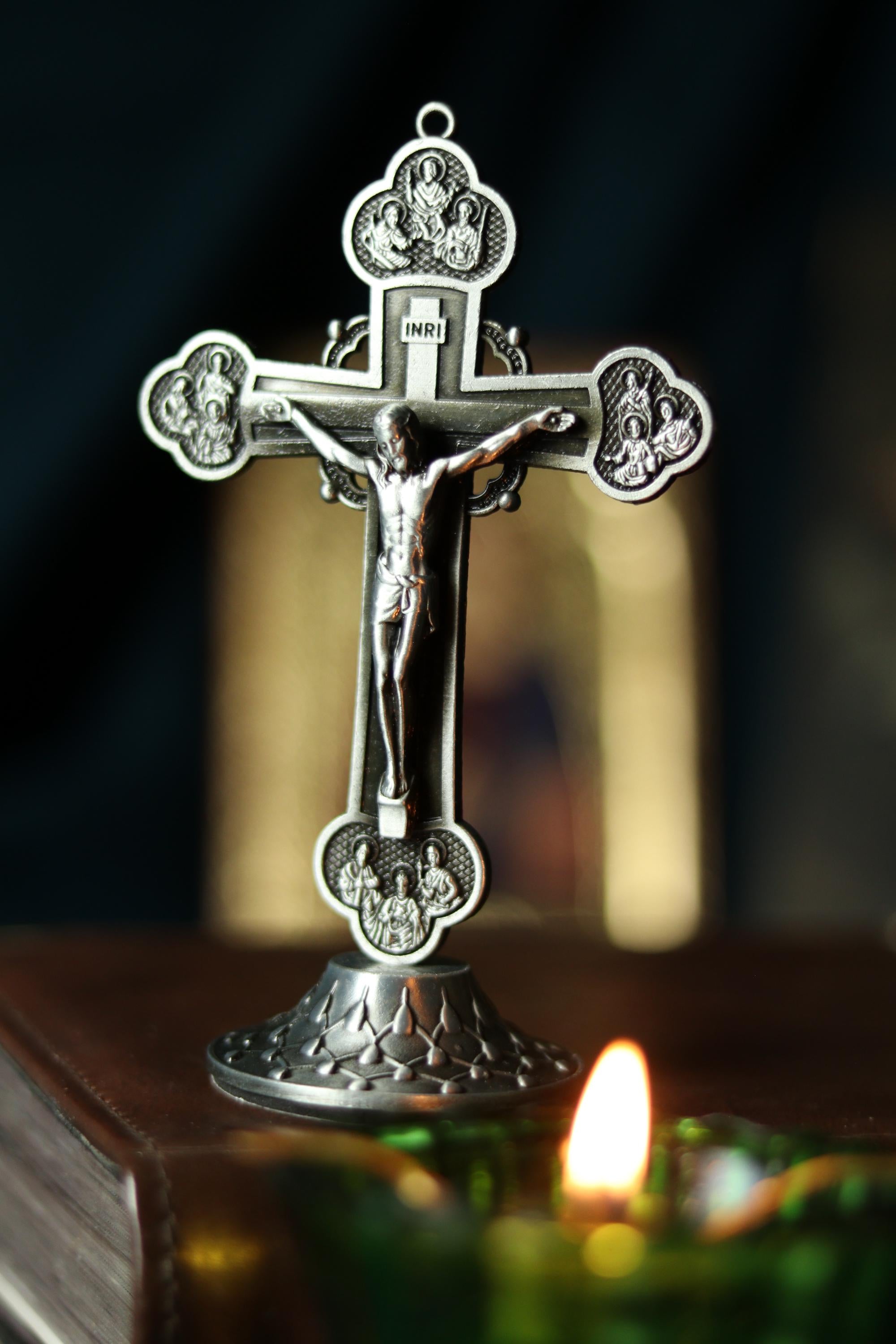Metal Table Cross 3.5 in, Antique Silver Crucifix, Orthodox Cross, Christian Decor, Desk Cross, Religious Gift, Prayer Cross