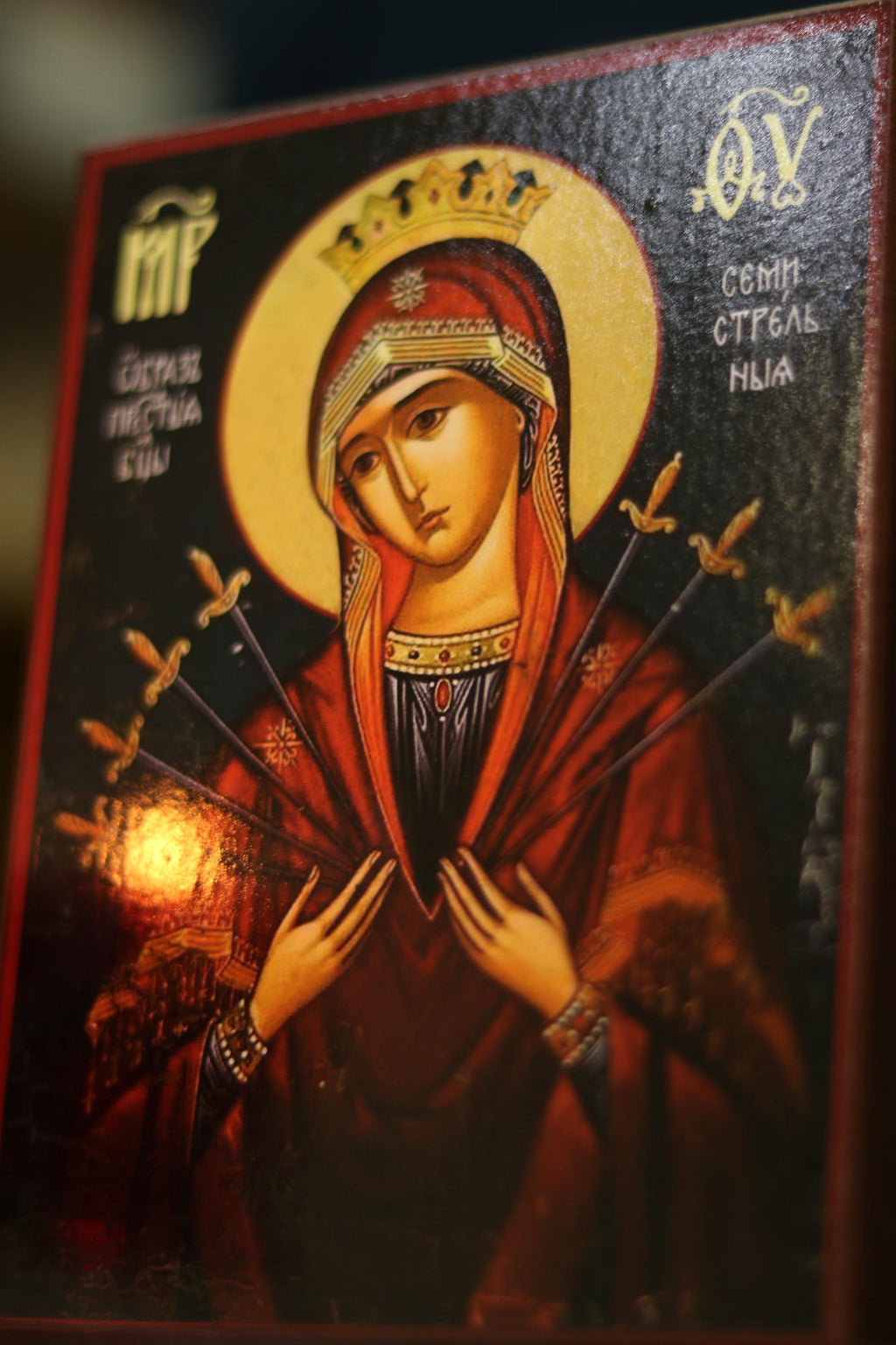 Orthodox Wooden Icon ., Seven Sorrows Mother of God, Softener of Evil Hearts