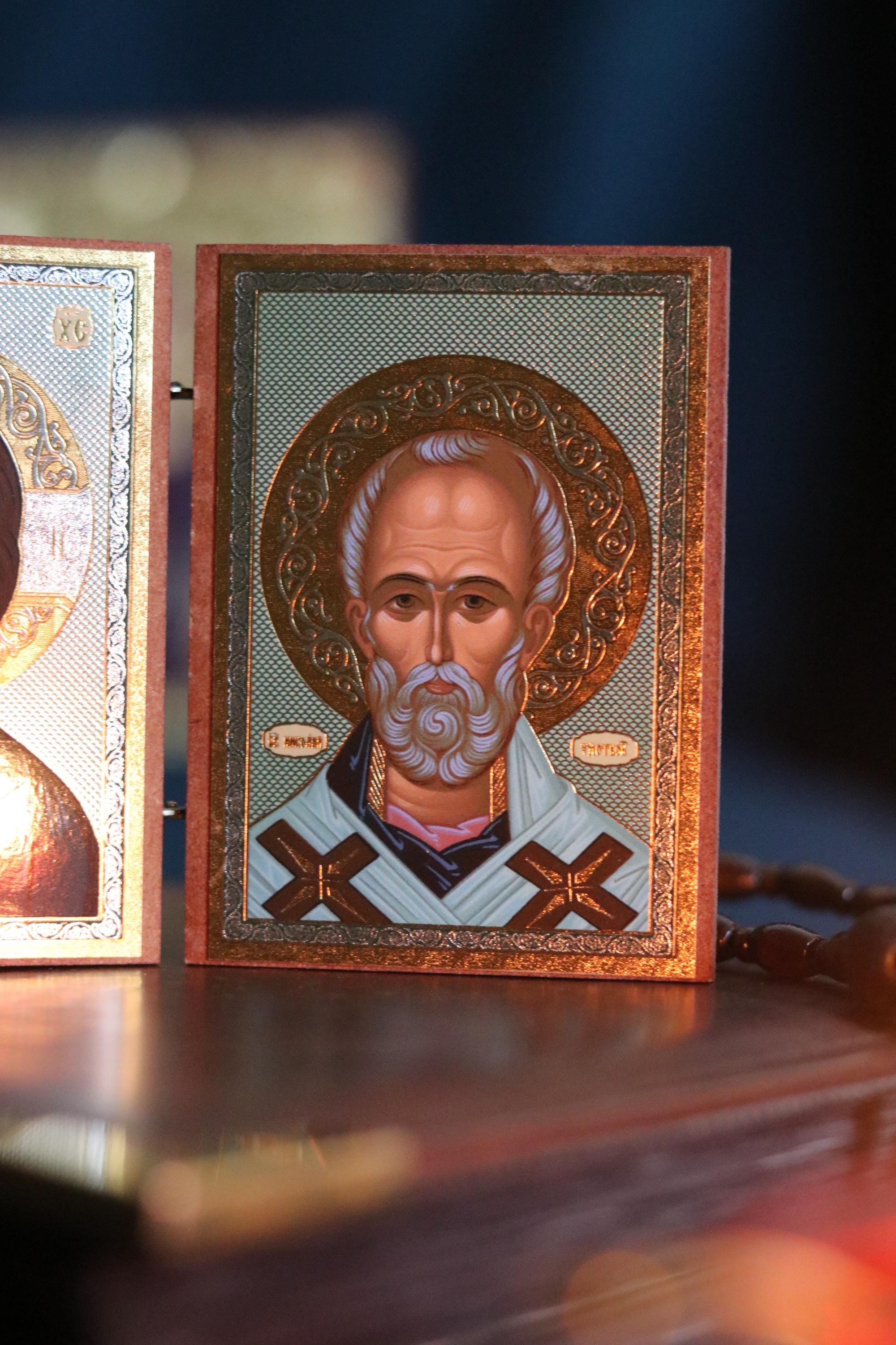 Wooden Orthodox Triptych Icon 3.5in, Virgin Mary Jesus And Saint Nicholas, Folding Travel Icon