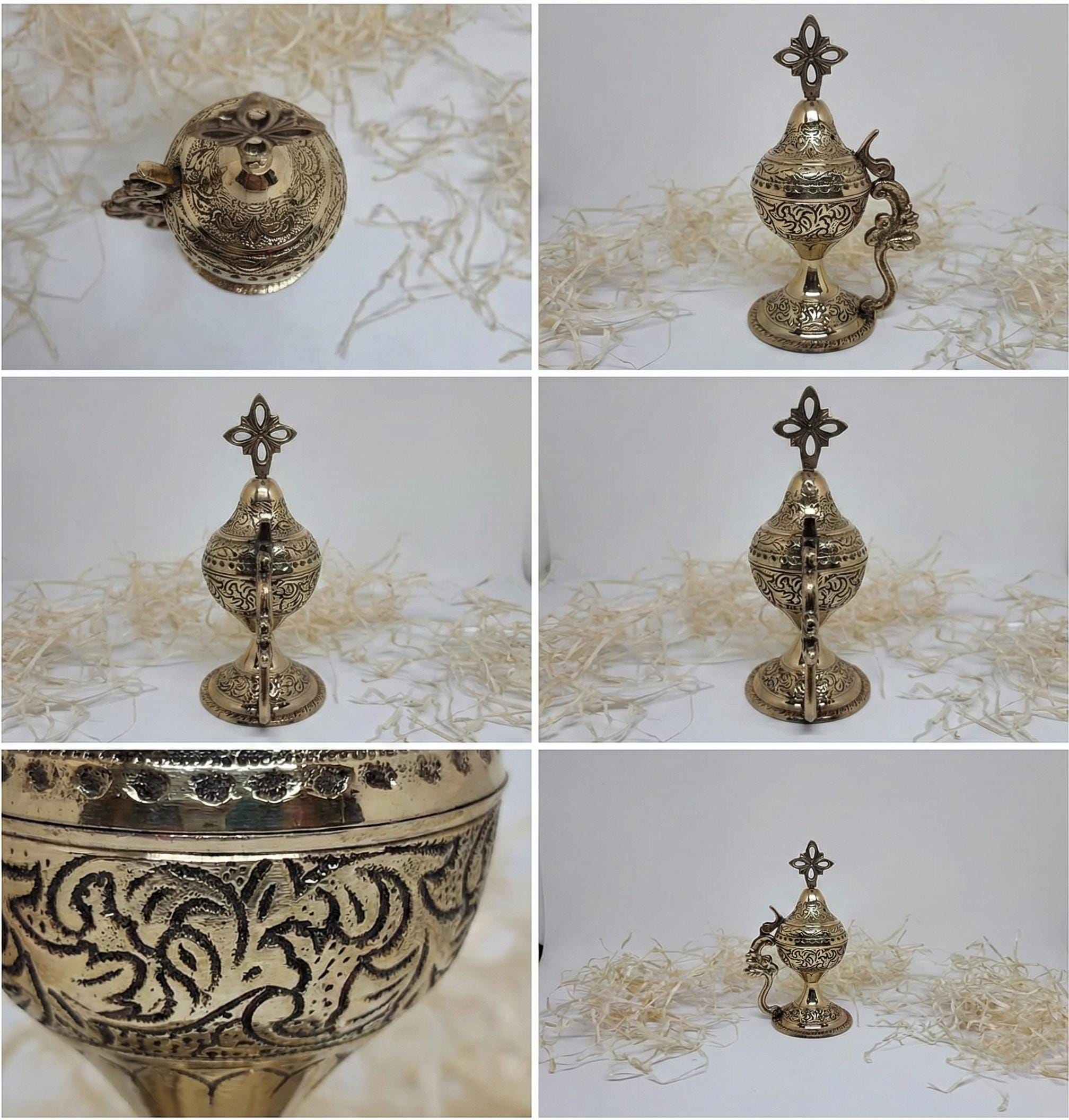 Incense set: 5.5-inch engraved metal censer, 50 grams of Greek incense, 6 tablets of charcoal.