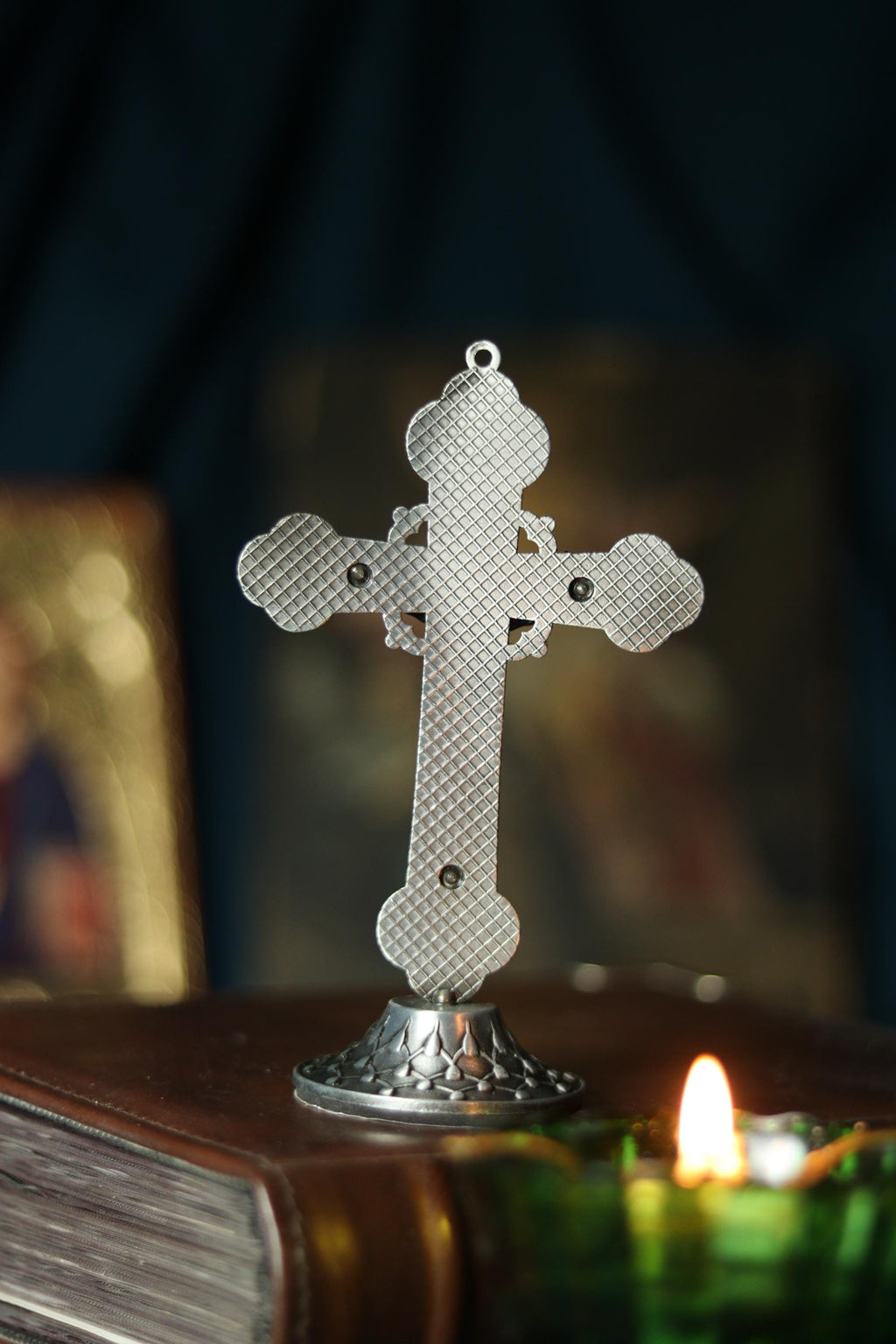 Metal Table Cross 3.5 in, Antique Silver Crucifix, Orthodox Cross, Christian Decor, Desk Cross, Religious Gift, Prayer Cross