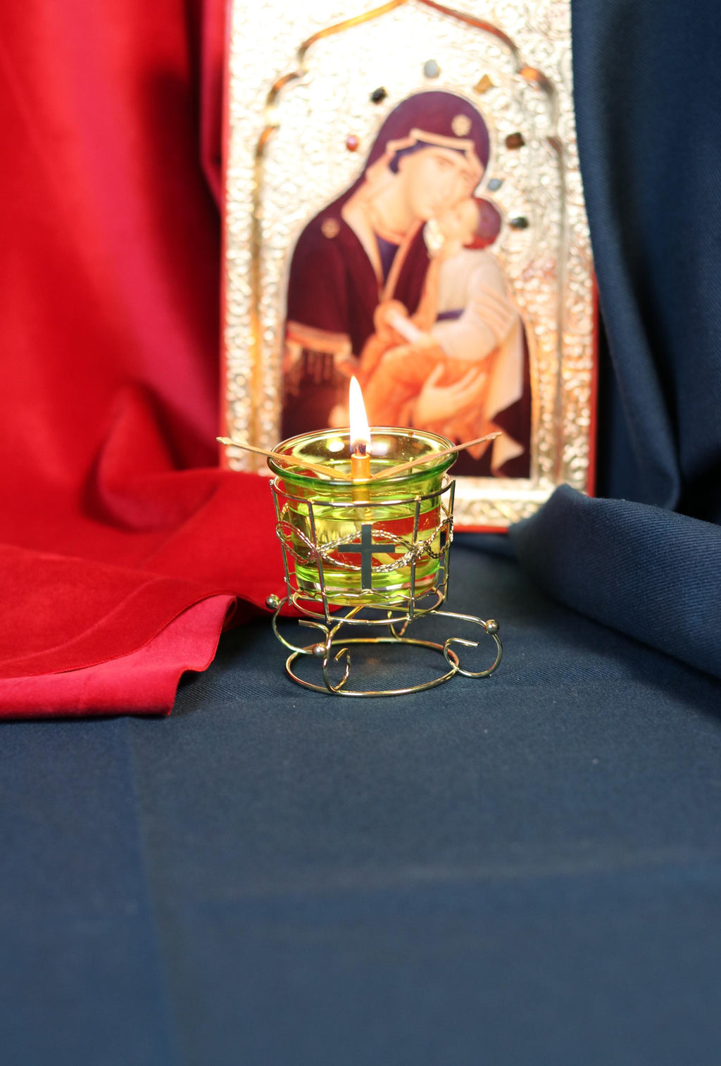 Green Glass Oil Lamp in Metal Stand 2in  – Orthodox Candle Holder for Prayer, Aromatherapy, Altar Decor, Christian Gift, Orthodox prayer