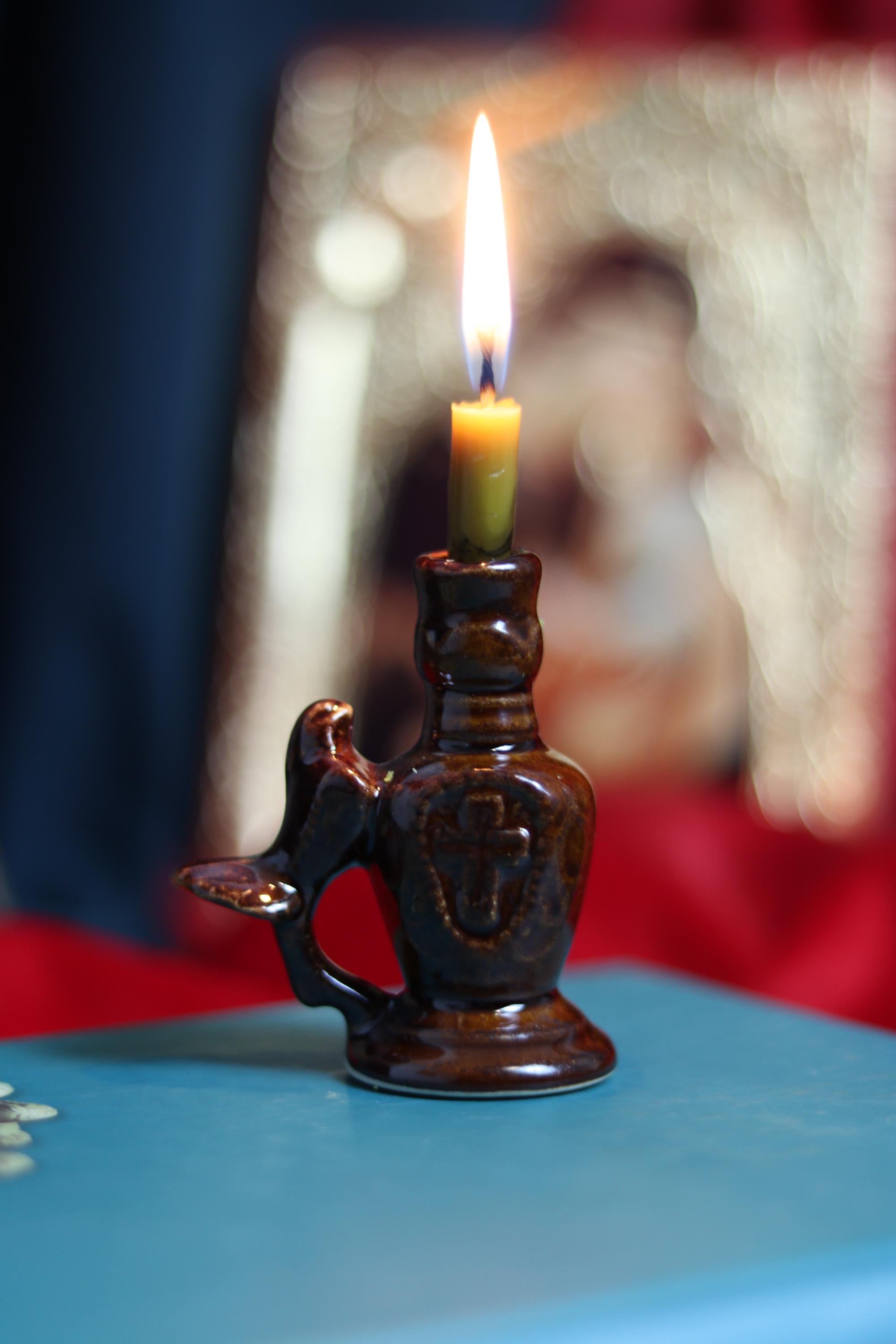 Ceramic Candle Holder with Dove and Cross Relief – Handmade Religious Pottery – 7cm Brown Glazed