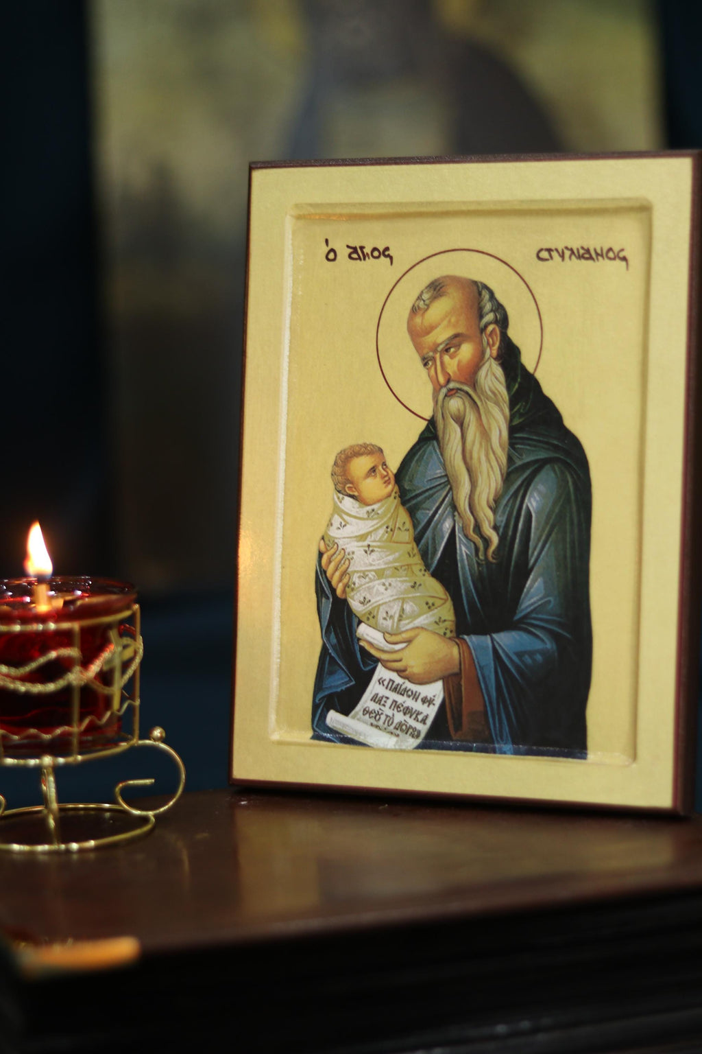 Saint Stylianos Orthodox Icon, Patron Saint of Children, Wooden Christian Wall