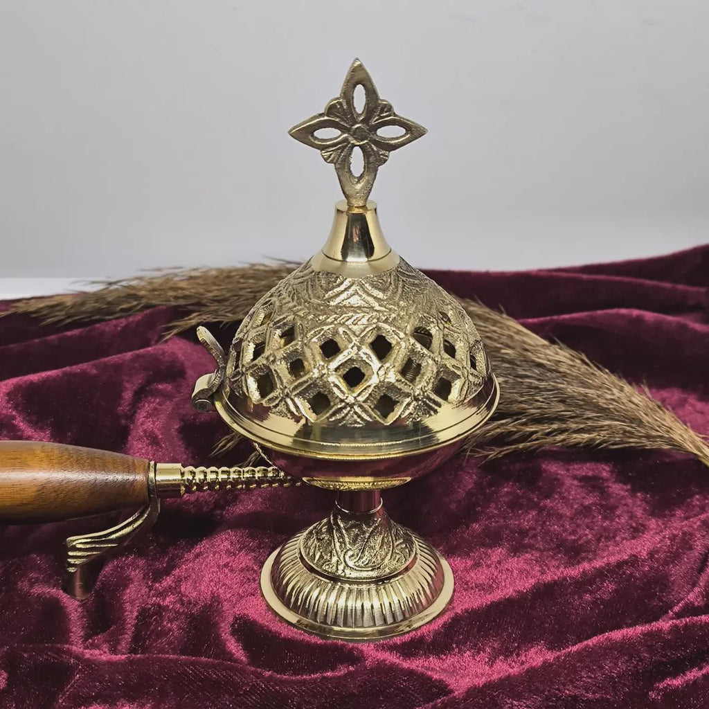Incense Burner 5.9in Metal Censer Wooden Handle, Orthodox Censer, Religious Decor