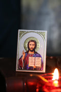 Wooden Orthodox Jesus Icon 3.3in, Christ Pantocrator Icon, Small Prayer Icon