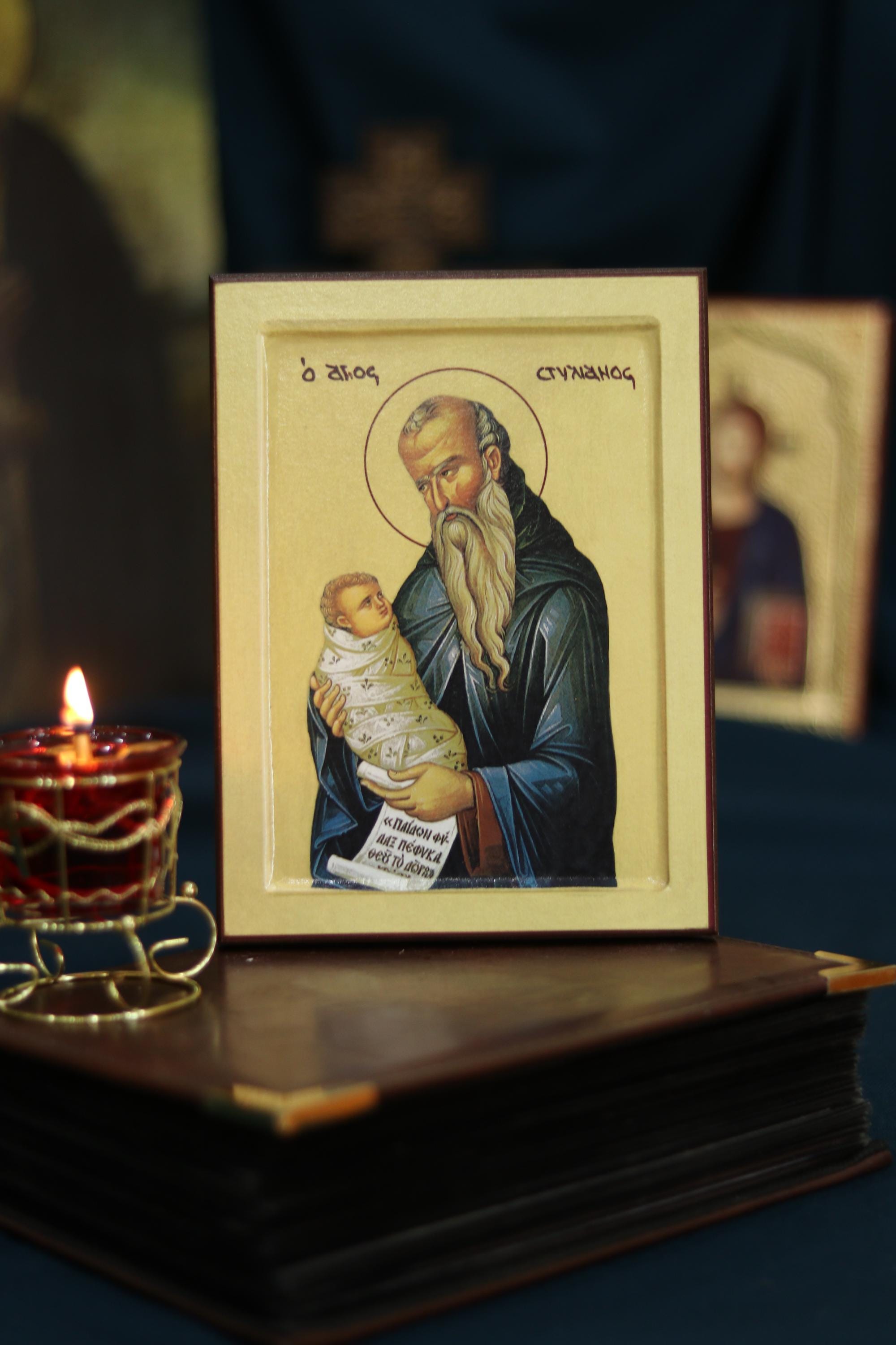 Saint Stylianos Orthodox Icon, Patron Saint of Children, Wooden Christian Wall