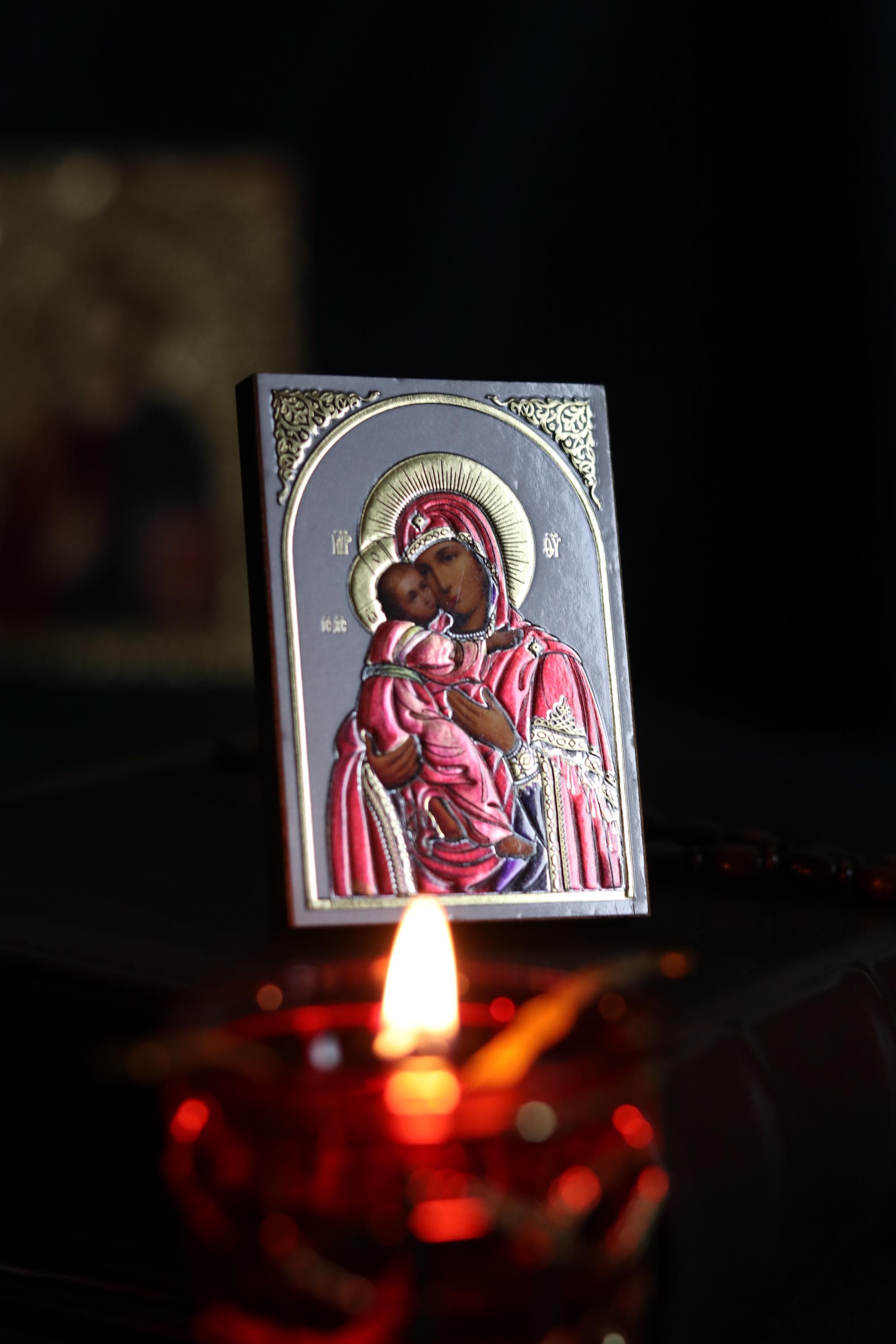 Wooden Orthodox Virgin Mary Icon 3.3in, Mother Of God With Child, Small Prayer Icon
