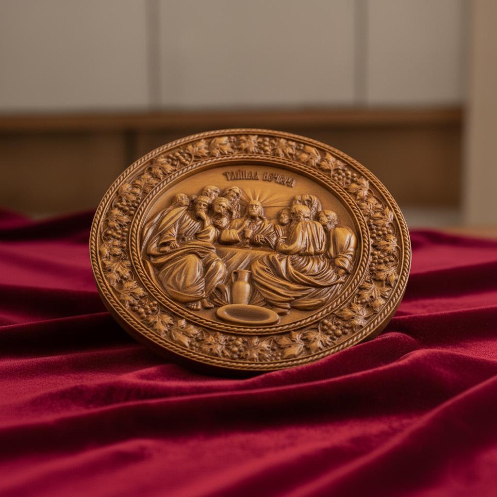Orthodox Wooden Icon The Last Supper – Hand Carved Walnut Wall Plaque 11.4 in, Christian Religious Home Decor, Eucharist Gift