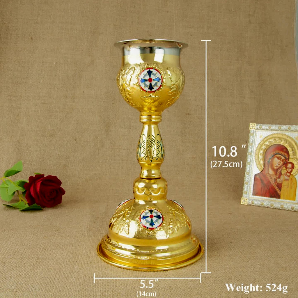 Orthodox Eucharistic accessories: chalice, paten, spoon, ewer. Holy Communion set.
