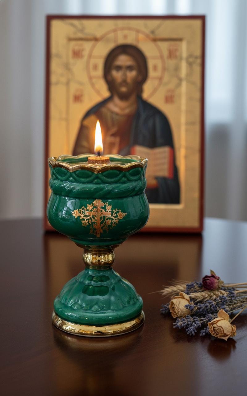 Christian green Ceramic Table Oil Lamp 5.5in. Set Includes: Lamp, floating wick, wick holder