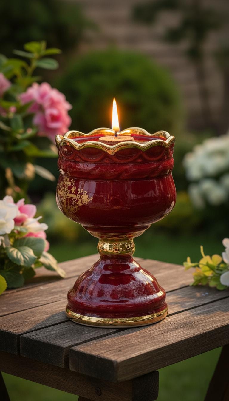 Christian Red Ceramic Table Oil Lamp 5.5in. Set Includes: Lamp, floating wick, wick holder