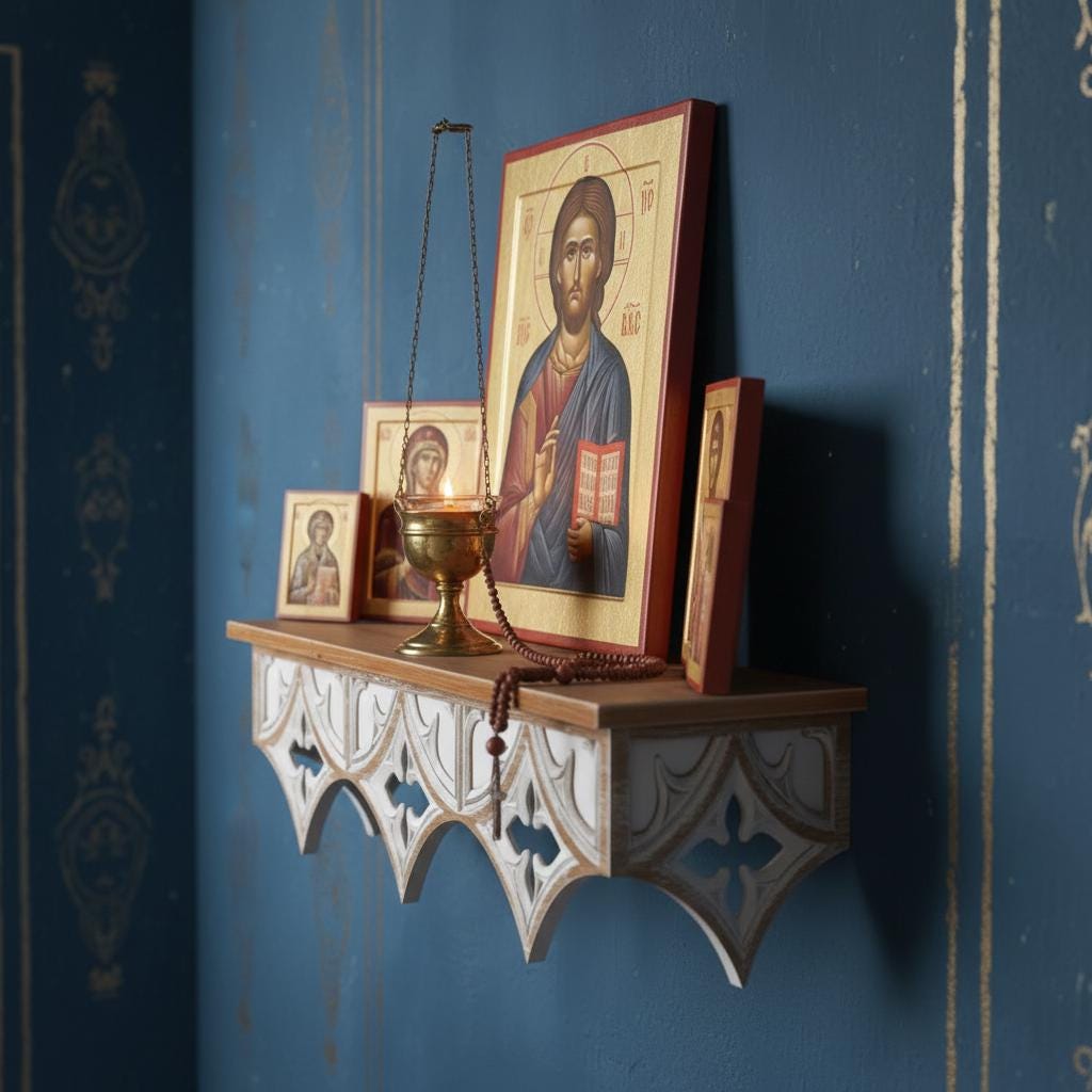 Wooden shelf for a home iconostasis, Orthodox Home Icon Stand, Prayer Corner Shelf
