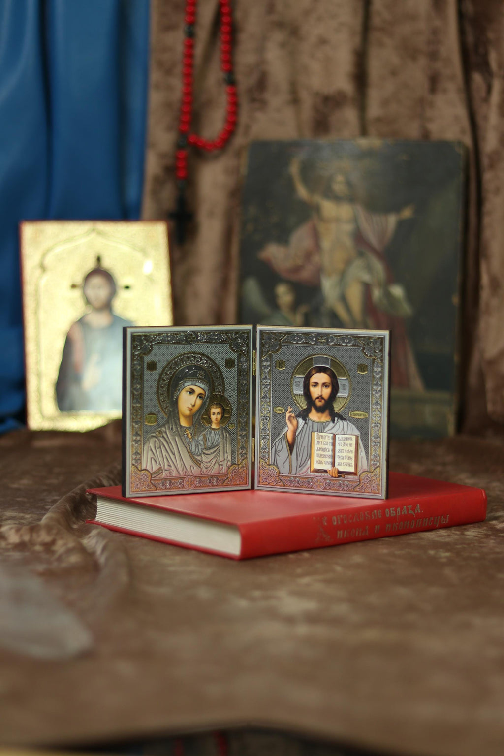 Wooden Diptych 3.9×4.7 in/10×12 cm, Blessed Orthodox Icons, Mother of God, Christ Pantocrator.