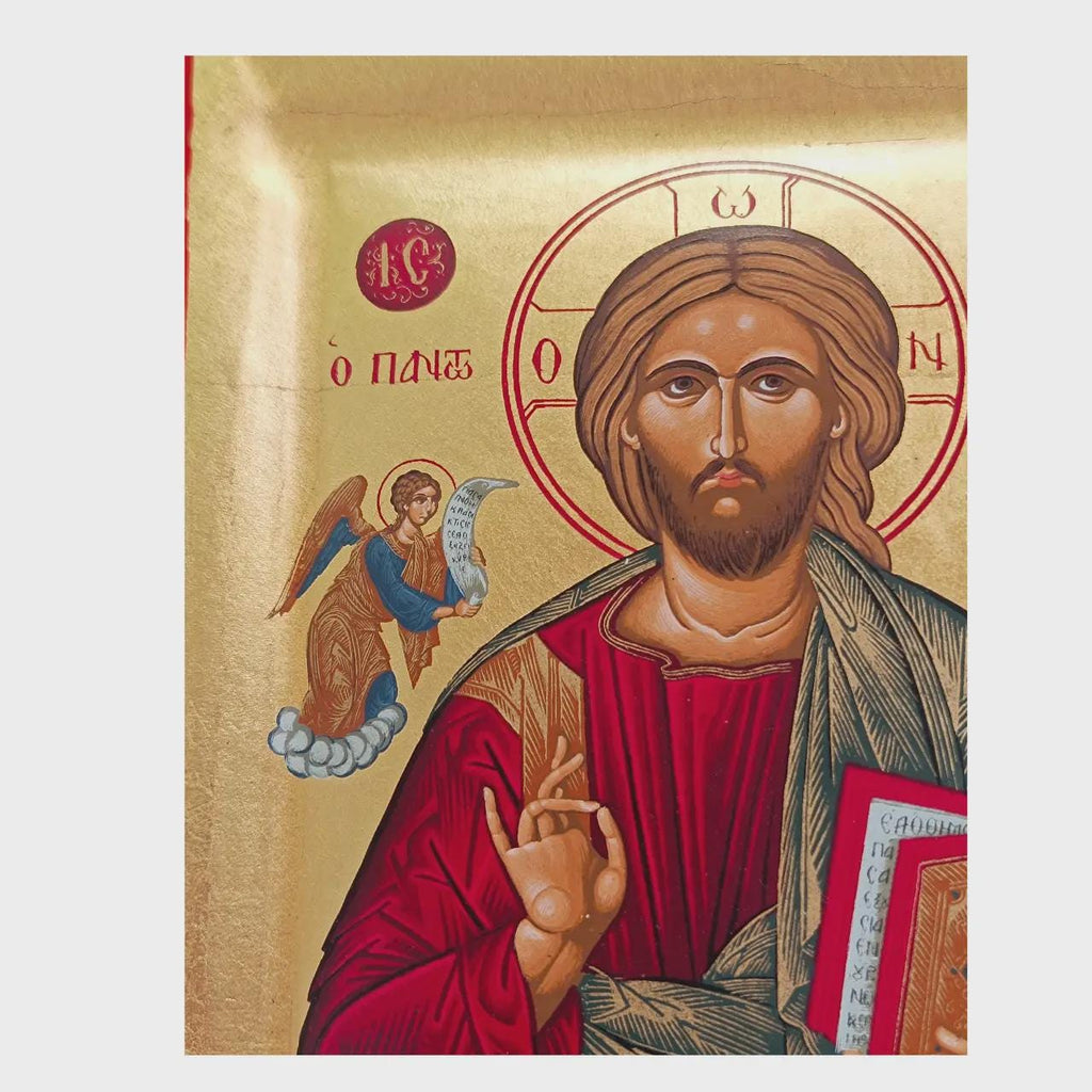 Handmade 6.1×7.8 in Greek Icon of Jesus Christ, Cypress Wood Icon, Gold Leaf.