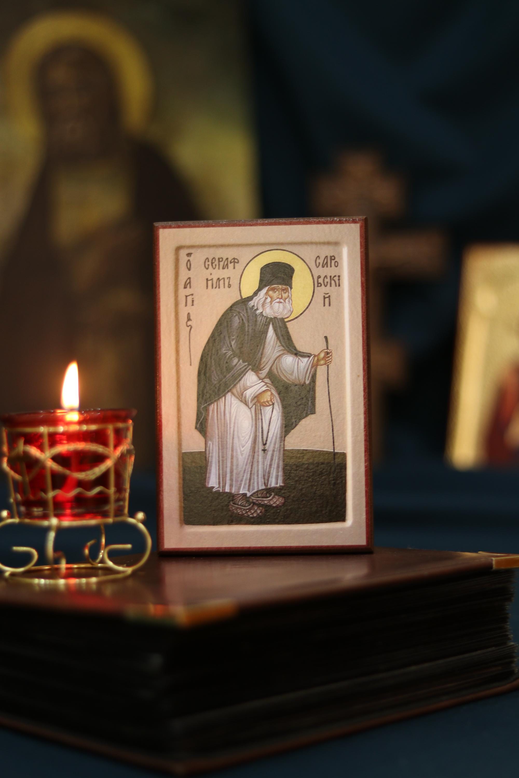 Wooden Orthodox Icon, Saint Seraphim Icon, Ash Veneer 6.3x3.9 in