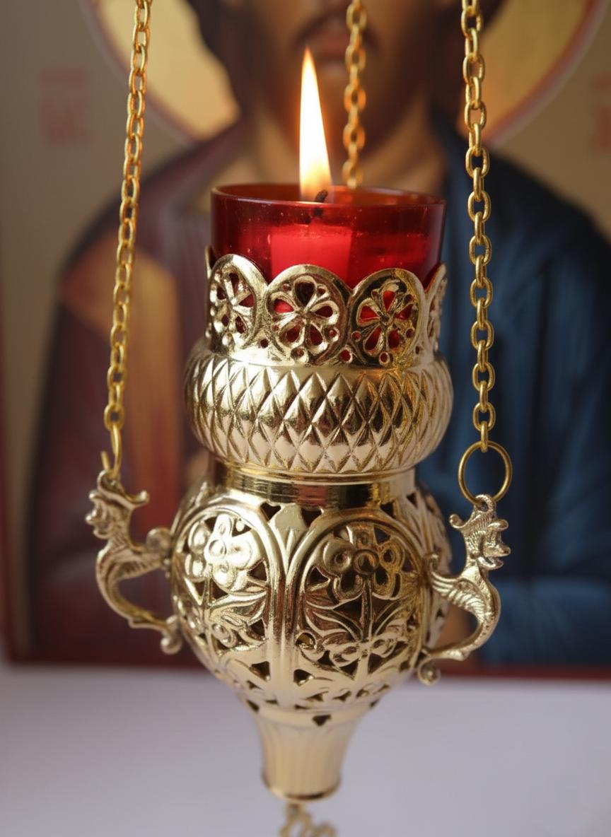 9.06 in Brass Hanging Lampada, Openwork Brass Hanging Oil Lamp, Greek Orthodox Lampada